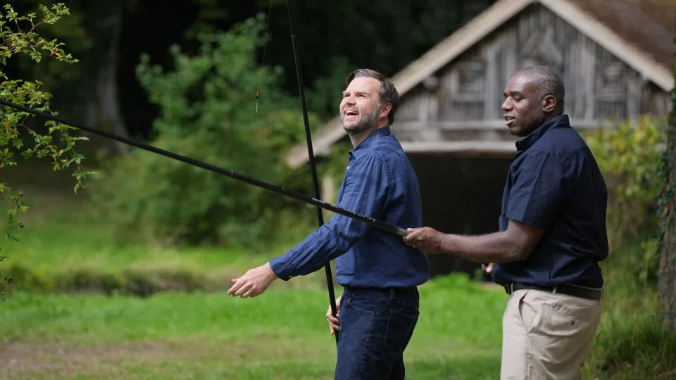 Vance and UK Foreign Secretary David Lammy went fishing at the British politician's country retreat in Kent, outside London, on August 8. - Kin Cheung/Pool/AFP/Getty Images