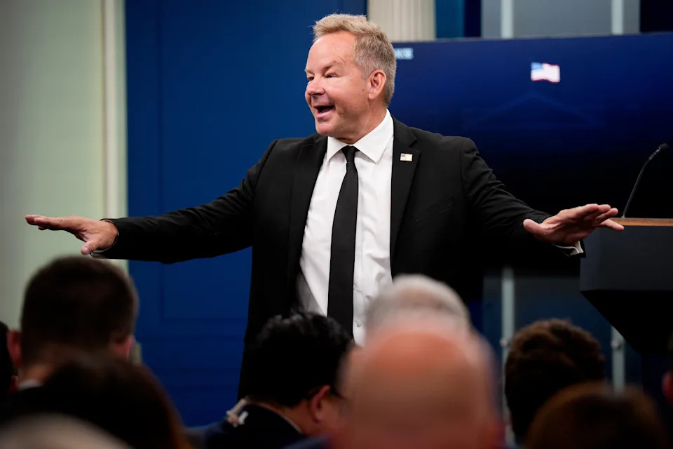 Leavitt has given more space in the White House briefing room to right-wing journalists like Real America's Voice reporter Brian Glenn. Glenn gained notoriety for asking Ukrainian President Volodymyr Zelensky if he owned a suit earlier this year. / Andrew Harnik / Getty Images
