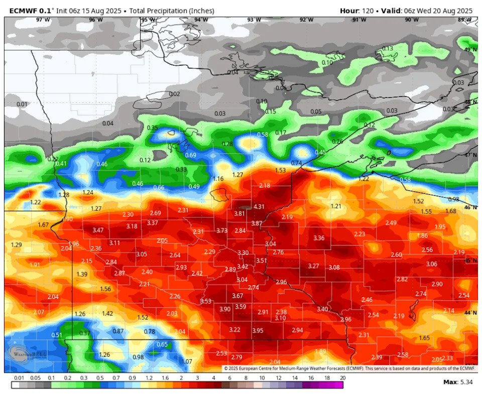 Total rain through Tuesday, according to the latest run from the European model.WeatherBell