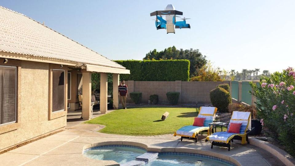 Amazon Drone Delivers Package Into Backyard Pool