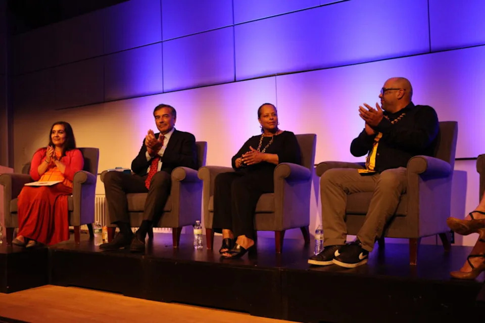 Tribal and state leaders hold a panel discussion at Colby College in Waterville on Oct. 3, 2023. From left to right, Penobscot Nation Ambassador Maulian Bryant, Sen. Rick Bennett, House Speaker Rachel Talbot Ross and Passamaquoddy Tribal Rep. Aaron Dana. (Photo by Emma Davis/Maine Morning Star)