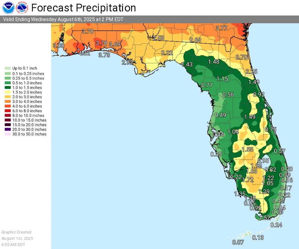 Rain forecast for Florida Aug. 1-6, 2025.