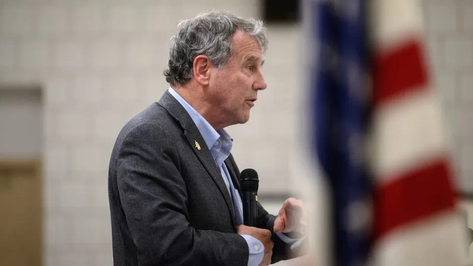 In this October 2024 photo, Sherrod Brown speaks during a campaign event at UAW Local 1112 in Warren, Ohio. - Justin Merriman/Bloomberg/Getty Images