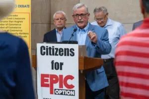  Then-State Sen. Steve Erdman of Bayard leads a news conference at the Nebraska State Capitol on his EPIC Option tax proposals at the Nebraska State Capitol. May 21, 2024. (Zach Wendling/Nebraska Examiner)