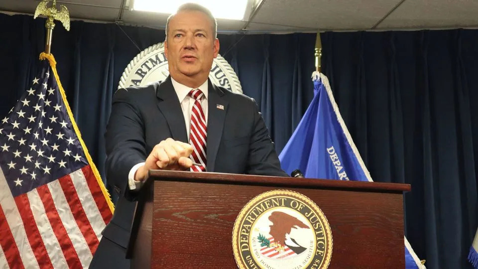 US Immigration and Customs Enforcement Acting Director Todd Lyons announces that his agency took nearly 1,500 immigrants into custody in Massachusetts over the month of May during a news conference in Boston, on June 2. - Leah Willingham/AP/File