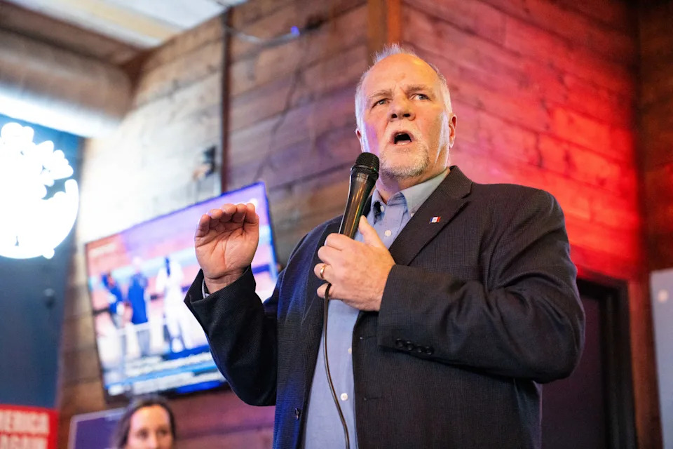 Iowa gubernatorial candidate Brad Sherman speaks to a crowd during a MAGA Nation launch event on Tuesday, April 1, 2025, at Bevy's Tavern in West Des Moines.
