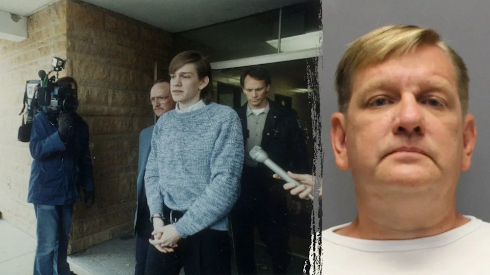 David Brom was escorted to a car in handcuffs as a teen in 1989 split with his current mugshot