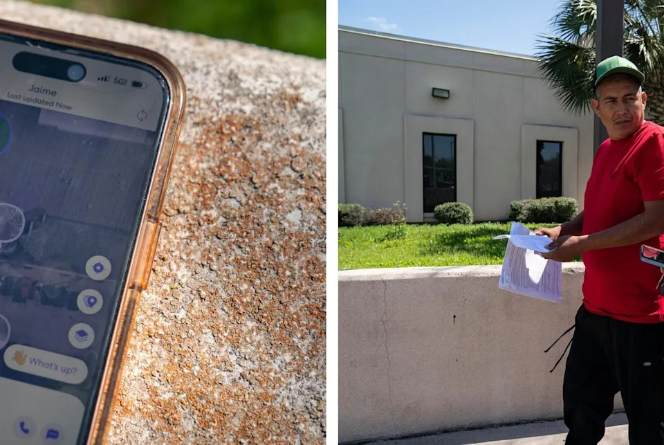 Left: Geovanna says she finds the need to monitor his every move as that helped her know where he was at when he was detained as they were processing him to be deported. Right: Jaime walks out with Geovanna as they debrief on the ICE appointment.