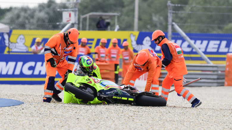 Franco Morbidelli of Italy riding the Pertamina Enduro VR46 Ducati (21) crashes out during the MotoGP free practice 1 at Balaton Park on August 22, 2025 near Balatonfokajar, Hungary.