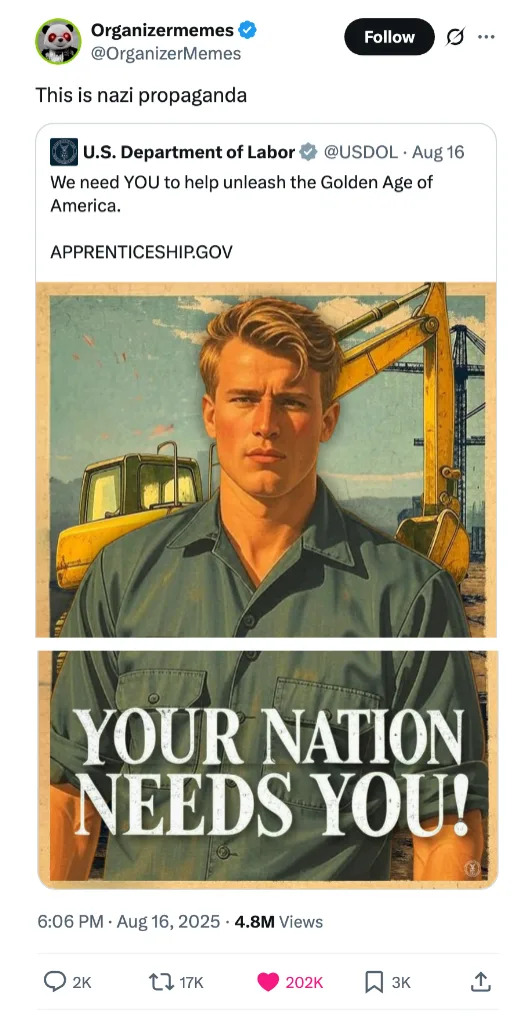 A tweet shows an illustration of a man in a work shirt standing in front of machinery, with text: "YOUR NATION NEEDS YOU!" Comments suggest it's propaganda