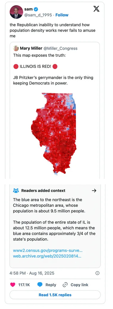 A Twitter post claiming Illinois is red, with a map showing population data contradicting the statement, highlighting urban Democratic areas