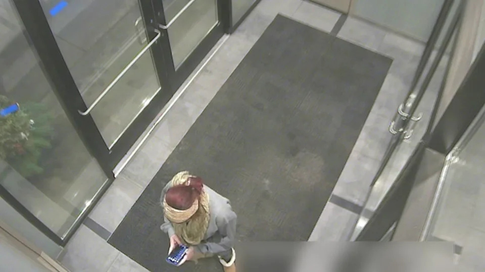 Alex Pennig is seen in the vestibule of her apartment building. / Credit: Ramsey County District Court