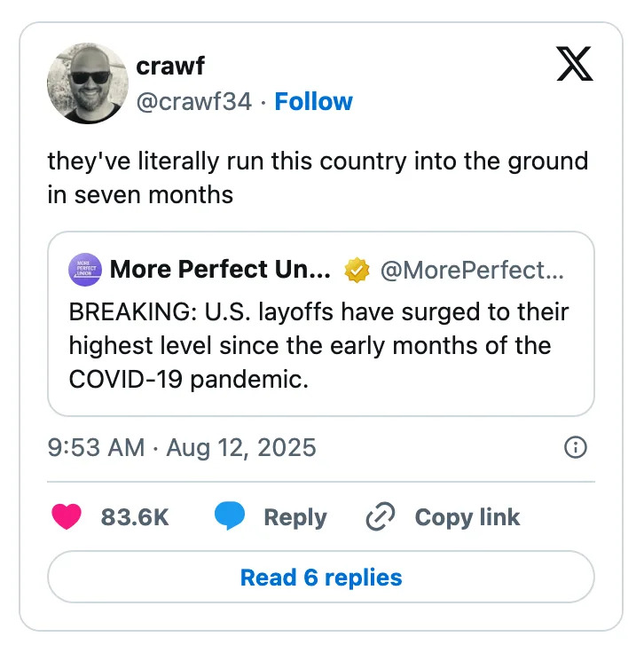 A social media post shows a commentary about increased U.S. layoffs, criticizing the country's leadership for economic decline over seven months