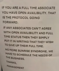 Sign at a workplace discussing full-time associate availability and scheduling policy