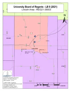 The District 1 and District 5 boundaries for the University of Nebraska Board of Regents in Lancaster County. (Courtesy of Legislative Research Office)