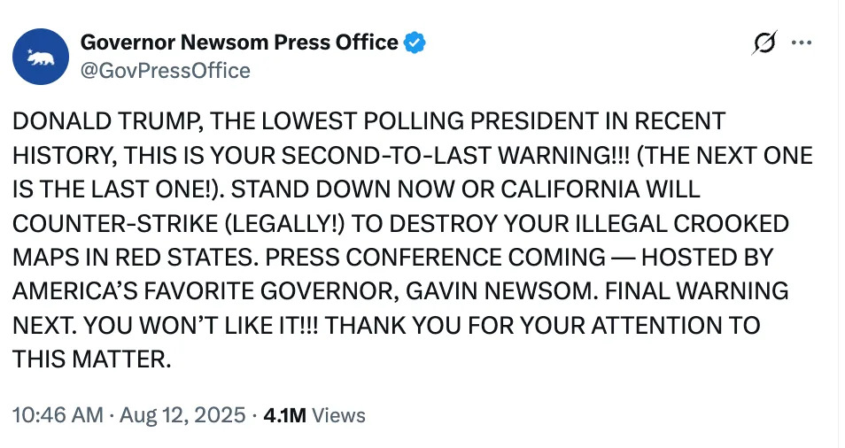 Governor Newsom's tweet warns Donald Trump about illegal map destruction, mentioning a press conference and final warning