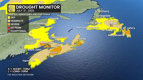 Atlantic Canada drought monitor as of July 31, 2025