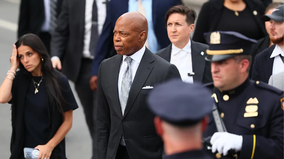 New York Mayor Eric Adams attends the funeral of slain NYPD officer Didarul Islam at Parkchester Jame Masjid on July 31, 2025 in the Parkchester neighborhood of the Bronx borough in New York City.