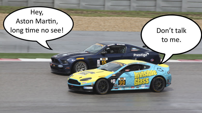 The 2014 Lone Star Le Mans race, featuring a Ford Mustang and an Aston Martin Vantage speaking to each other