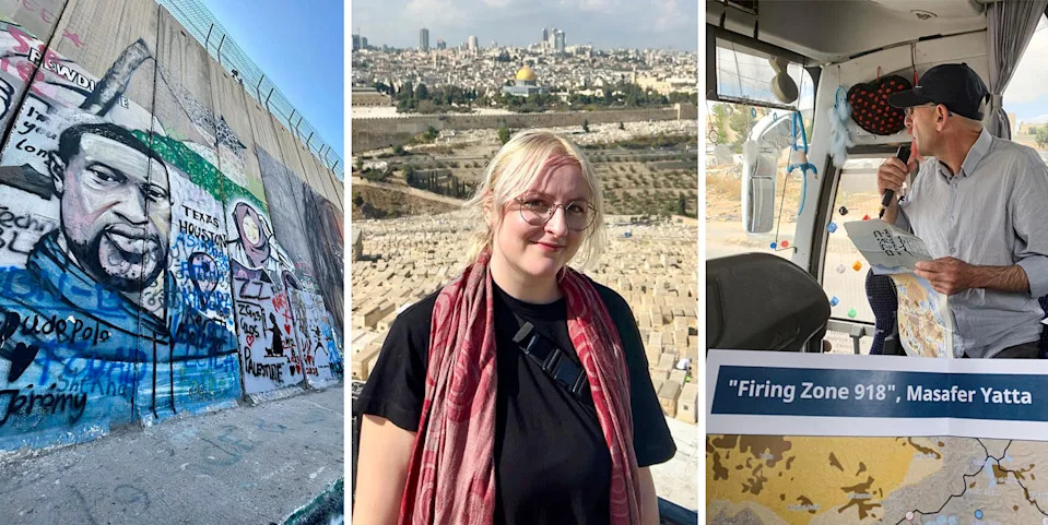 A triptych composite image with the following imagery from left, An outdoor mural on a wall for George Floyd and slain Palestinian journalist Shireen Abu Akleh, Destiny Magnett standing outside in Jerusalem, and a tour guide speaking on a microphone inside of a bus (Courtesy Destiny Magnett; Zehra Imam)