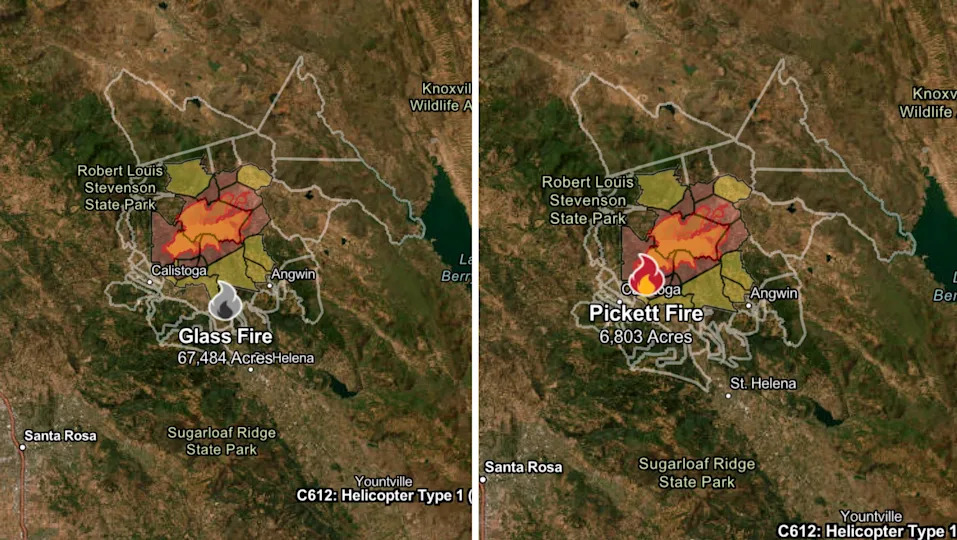 Map of the Glass Fire (2020, left) and the Pickett Fire (August 2025, right). / Credit: Cal Fire