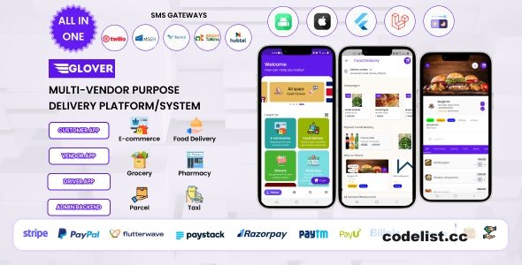 Glover v1.7.42 – Grocery, Food, Pharmacy Courier & Service Provider + Backend + Driver & Vendor app