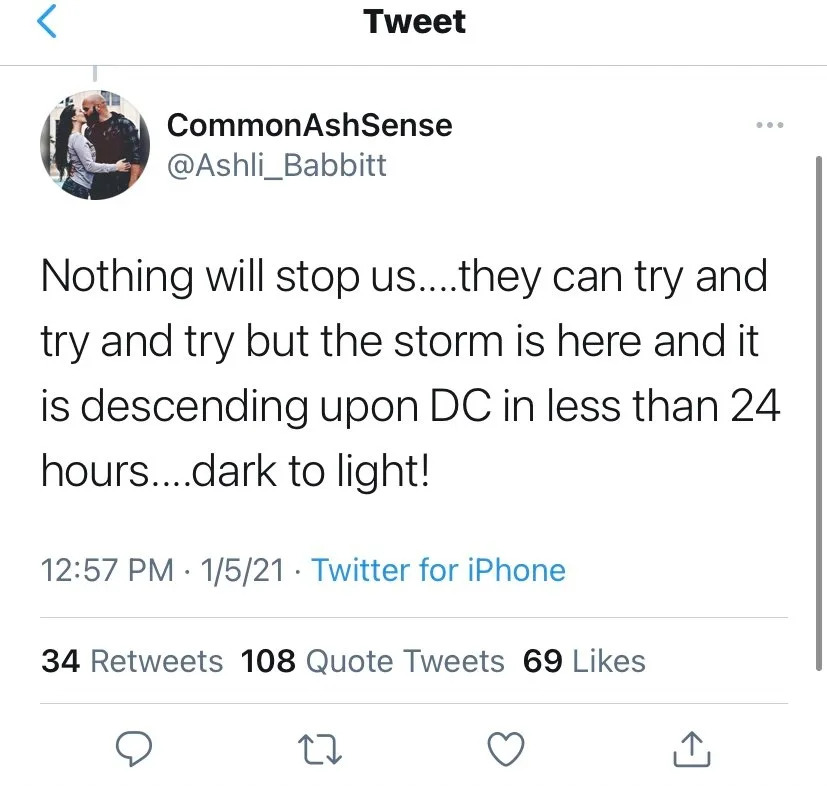 Tweet by CommonAshSense stating that nothing will stop them, with a storm descending on DC in less than 24 hours