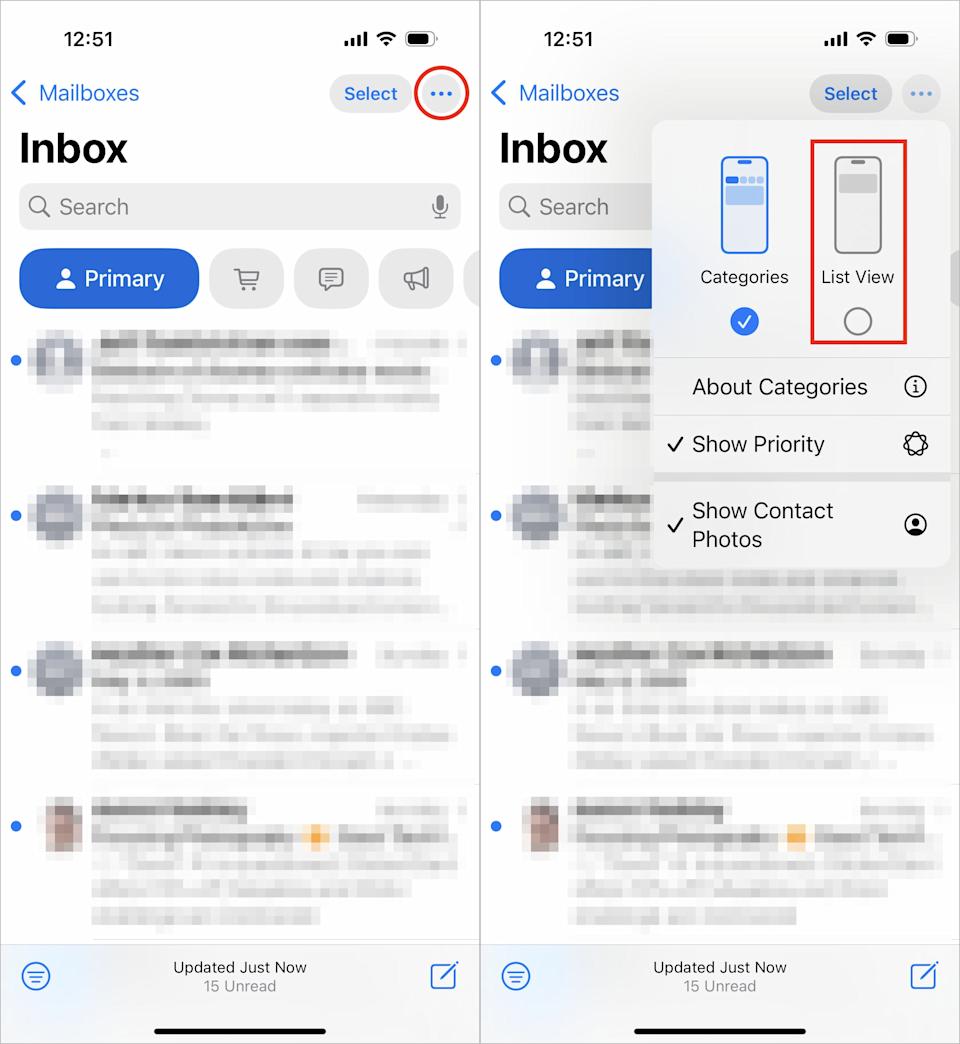 Two iPhone screenshots showing the Mail app with Categories enabled and the controls for switching back to List view.