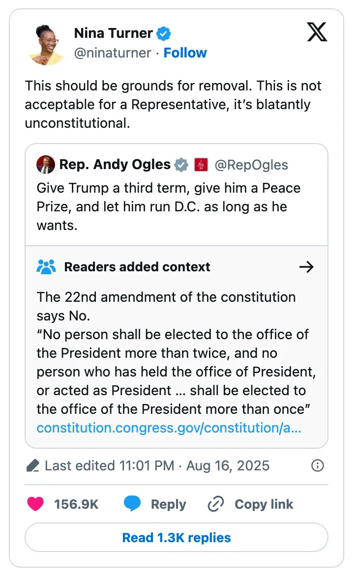 Social media post discussing the 22nd Amendment, stating no person shall be elected President more than twice, in response to a suggestion to give a third term