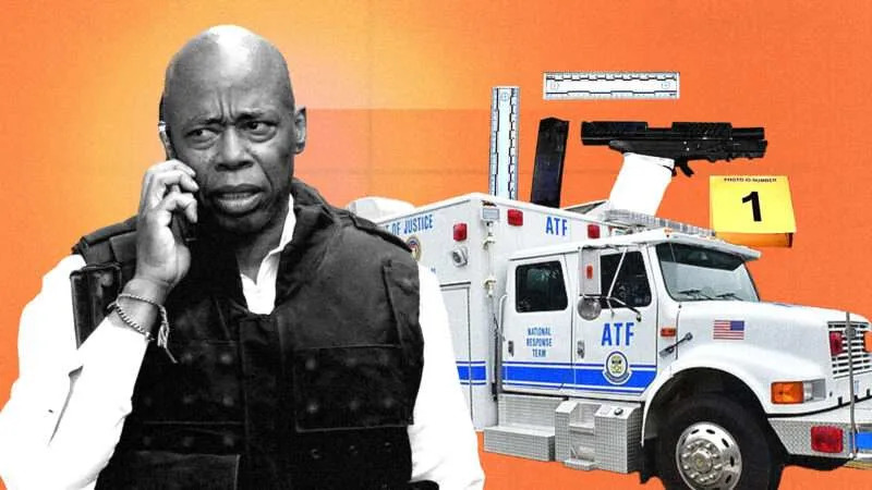 An orange background with a ATF truck in the background and a picture of Eric Adams in the foreground