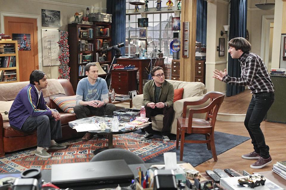 Kunall Nayyar, Jim Parsons, Johnny Galecki y Simon Helberg en un episodio de The Big Bang Theory. (Sonja Flemming/CBS/Cortesía de Everett Collection)