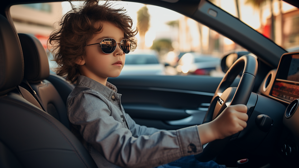Kid driving a car while wearing sunglasses