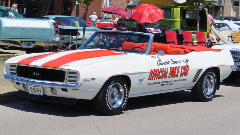 A white 1969 Camaro with Pace Car graphics
