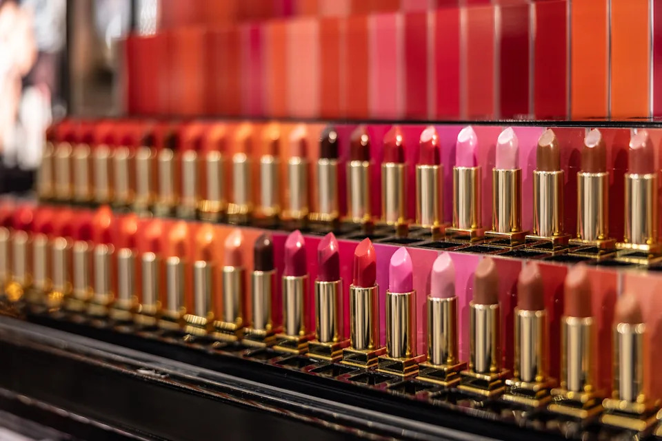 Rows of assorted lipsticks in a store display with various shades and neatly arranged in gold tubes