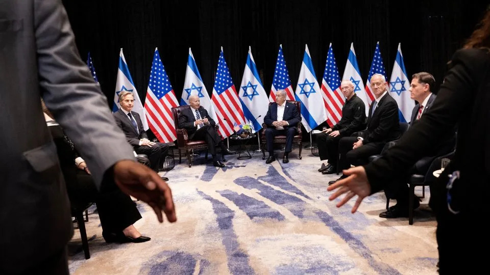 President Joe Biden joins Netanyahu and other Israeli officials in Tel Aviv on October 18, 2023. - Brendan Smialowski/AFP/Getty Images