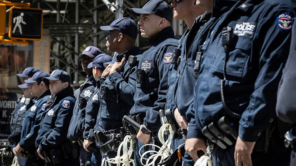 Police officers from the NYPD's SRG lined up