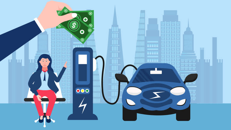 Vector of an electric car charging at the charger station saving money to driver