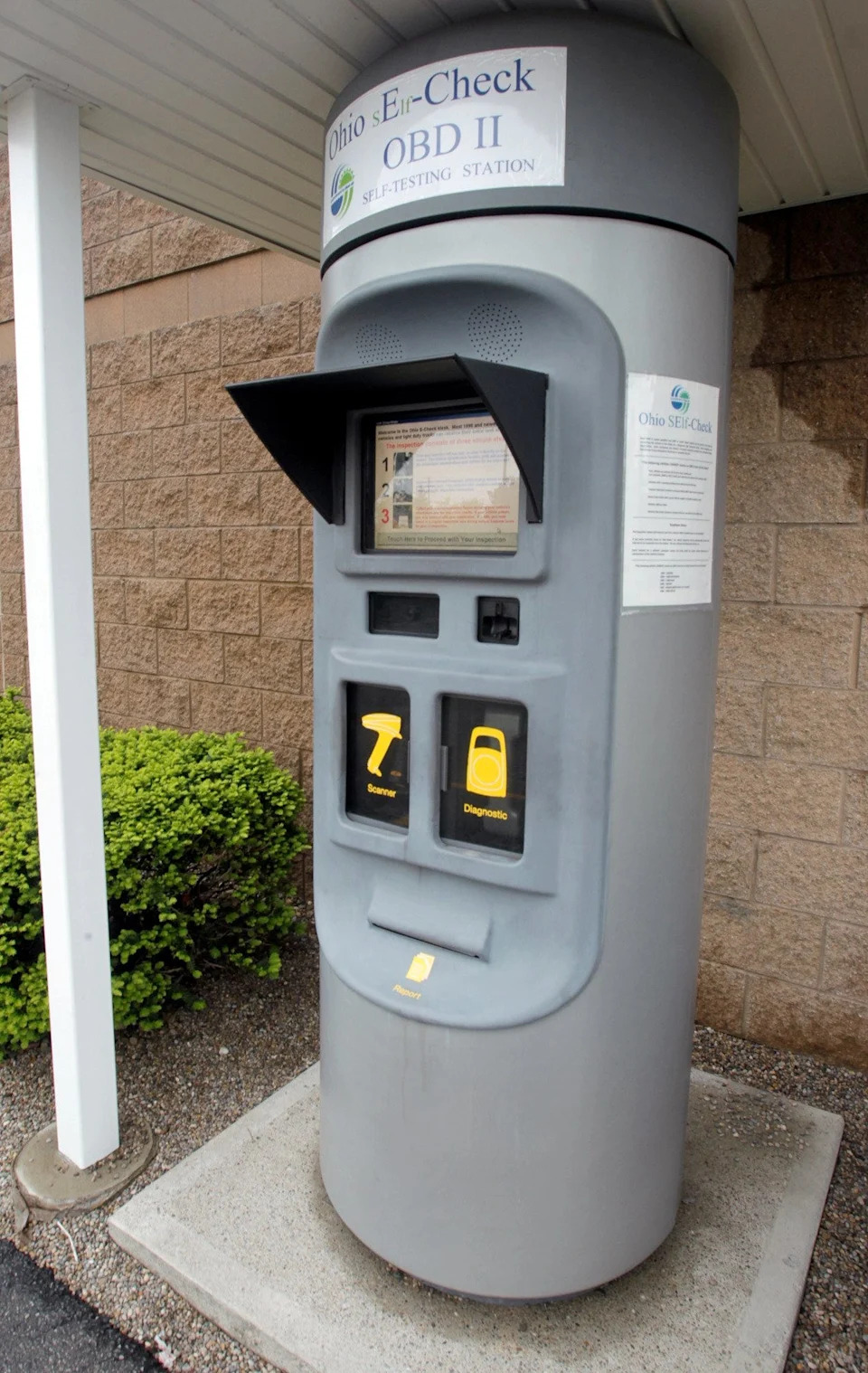 A self-service OBD II testing kiosk at the Twinsburg E-Check station location on Pinnacle Parkway in Twinsburg.