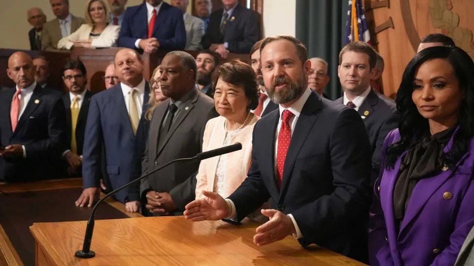 Speaker of the House Dustin Burrows speaks at a news conference at the Capitol in Austin, on Monday. - Jay Janner/Austin American-Statesman/Getty Images