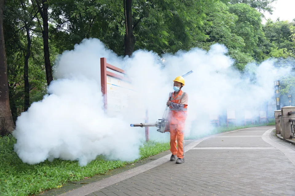A sanitation worker sprays insecticide to prevent the spread of chikungunya on Aug. 3, 2025, in Dongguan, Guangdong Province of China. / Credit: VCG/VCG via Getty Images