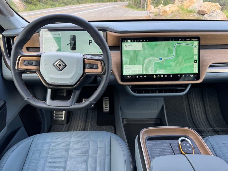 The front seat of the Rivian R1 Quad