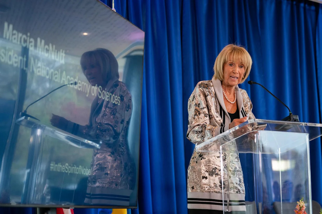 <span>Dr Marcia McNutt, president of the National Academy of Sciences, speaks in Washington DC, on 14 November 2024.</span><span>Photograph: Allison Robbert/AFP/Getty Images</span>