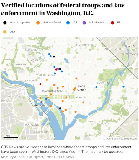Verified locations of federal troops and law enforcement in Washington, D.C. (Locator map)