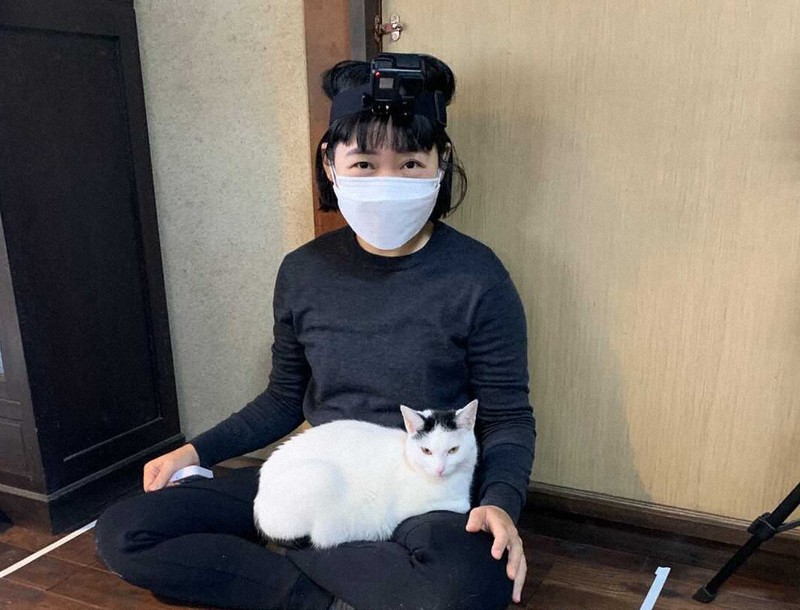 猫の行動実験では、実験者や飼い主が頭にカメラをつけて、猫の様子を観察することもある＝服部円さん提供