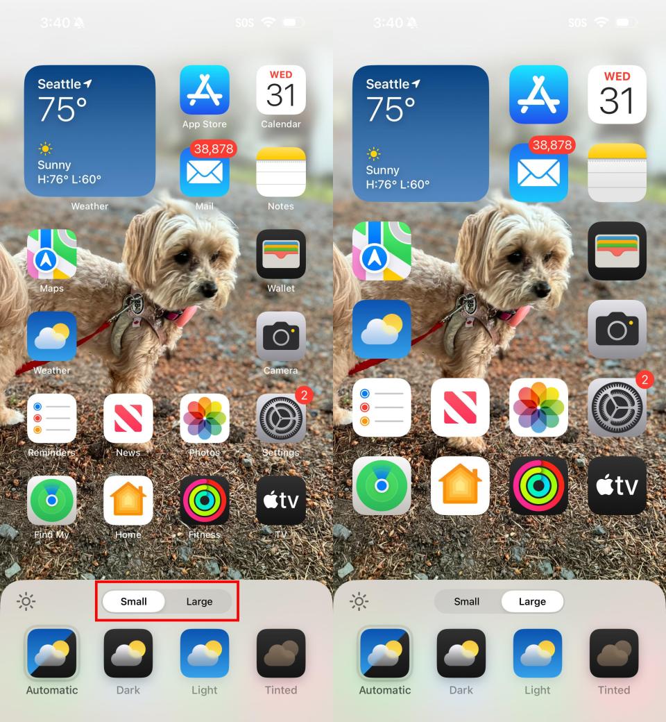 Two iOS 18 home screens, one with small icons and one with larger icons and no labels.