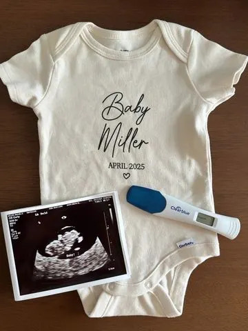 Rachel Miller A onesie, pregnancy test and sonogram from Rachel Miller's pregnancy