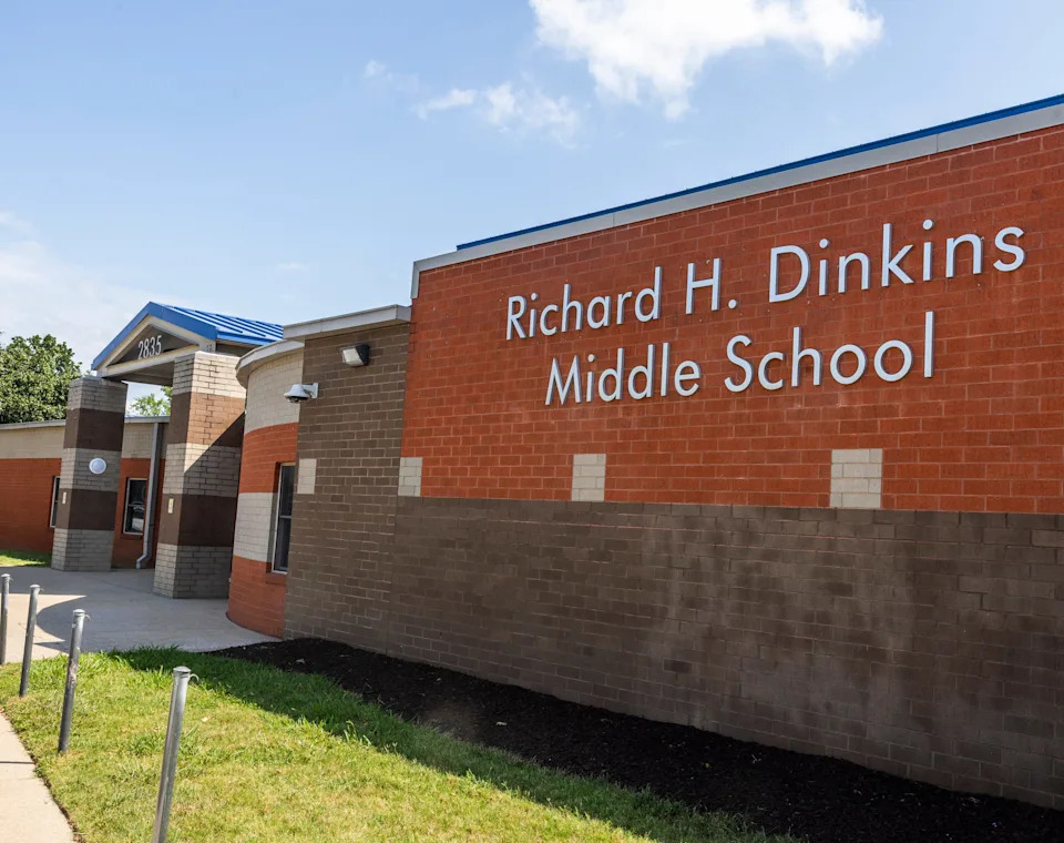 Exterior photo of Richard H. Dinkins Middle School, formerly Brick Church Middle School, taken Saturday, August 2, 2025.