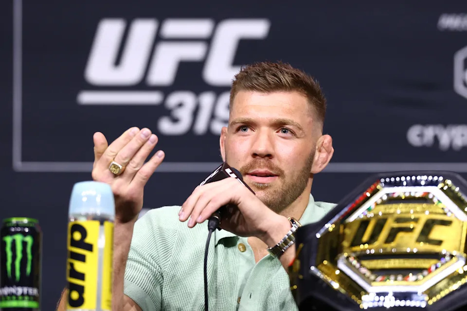 CHICAGO, ILLINOIS - AUGUST 14: Dricus Du Plessis of South Africa is seen on stage during the UFC 319 press conference at Radius Chicago on August 14, 2025 in Chicago, Illinois.  (Photo by Ed Mulholland/Zuffa LLC)