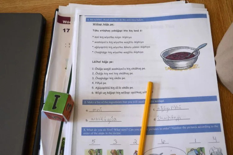 A worksheet of Lakota phrases used in Maȟpíya Lúta High School’s summer language internship program. (Lauren Wagner)