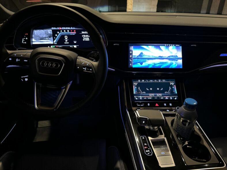 The interior of the Audi Q8 at night